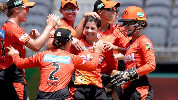 Jubilant Perth Scorchers players celebrate during their semi-final win on Thursday.