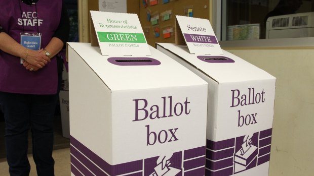 Ballot boxes at the 2016 federal election.