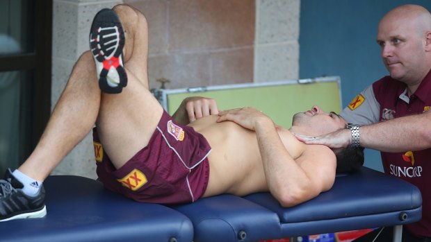 Billy Slater receives treatment at a Maroons training session this week.