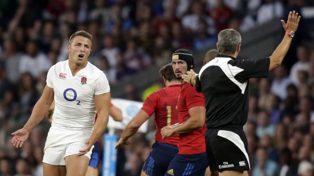 Letter of the law: Sam Burgess is penalised during his England debut against France on Saturday.