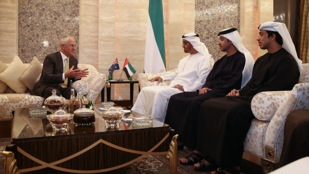 Prime Minister Malcolm Turnbull meets members of the UAE's ruling family in the capital Abu Dhabi in January. 