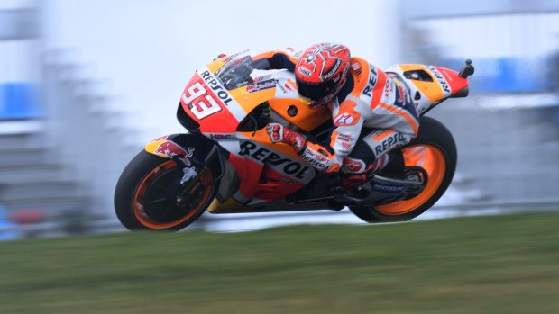 Marc Marquez powers through Lukey Heights during qualifying.