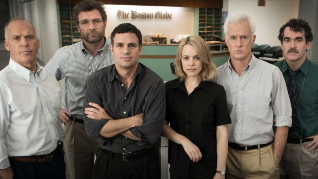 From left: Michael Keaton, Liev Schreiber, Mark Ruffalo, Rachel McAdams, John Slattery, and Brian d'Arcy James on the <i>Spotlight</i> set.