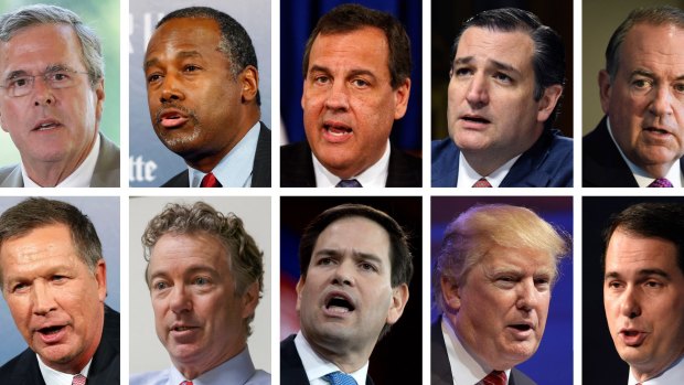 From top left, Republican presidential candidates in the Fox line-up: Jeb Bush, Ben Carson, Chris Christie, Ted Cruz and Mike Huckabee. Bottom from left, John Kasich, Rand Paul, Marco Rubio, Donald Trump and Scott Walker. 