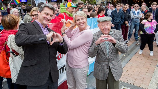 A gay marriage rally in Sydney at the weekend attended by (from left) Rodney Croome, national director of Australian Marriage Equality, Labor deputy leader Tanya Plibersek and gay activist Dr John Challis.