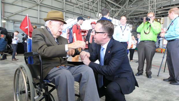Qantas chief executive Alan Joyce, right, and former Qantas employee Michael Ryan, who worked for the airline from 1940 until the 1980s, met to celebrate the company's 95th anniversary.