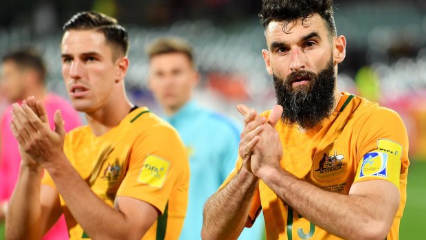 Niggling injury: Mile Jedinak (r).