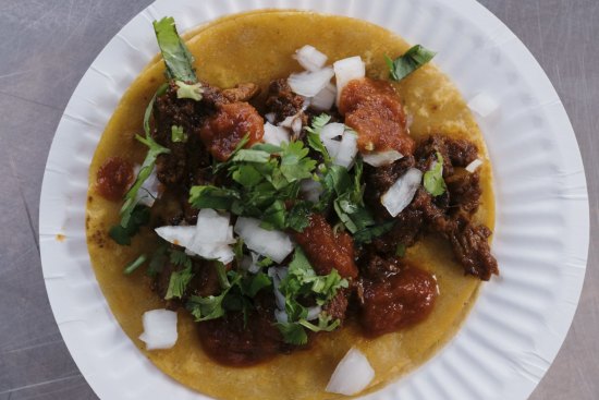 Chef Toby Wilson with his Taco pop-up van Ricos Tacos in Rosebery. Photographed Thursday 29th October 2020. Taco Beef Birria. Photograph by James Brickwood. SMH GOOD FOOD 201029