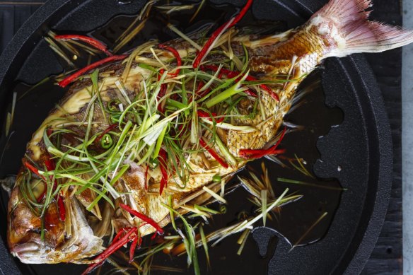 Steamed whole baby snapper in soy and oyster sauce