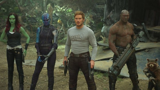 Misfit aliens: Gamora (Zoe Saldana), Nebula (Karen Gillan), Star-Lord/Peter Quill (Chris Pratt), Drax (Dave Bautista) and Rocket (voiced by Bradley Cooper) in <i>Guardians of the Galaxy Vol. 2</i>.