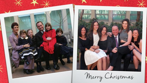 The 2015 Christmas card that Barnaby Joyce will be mailing out which shows him and his family in 2005 on a bench outside Parliament House and a re-enactment photo shot this year.