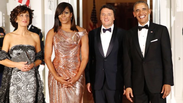 President Barack Obama and first lady Michelle Obama welcome Italian Prime Minister Matteo Renzi and his wife Agnese Landini to the White House.