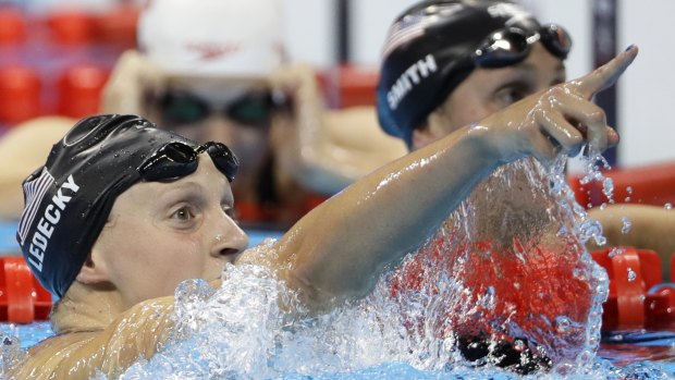United States' Katie Ledecky celebrates after setting a world record in the women's 400-metre freestyle final. 