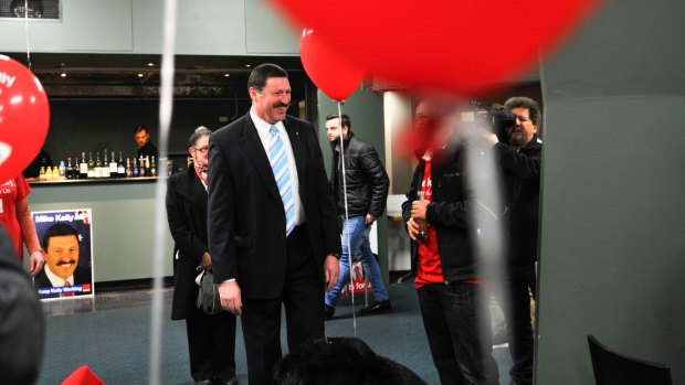 Labor candidate for Eden-Monaro Mike Kelly arrives at his celebration at Queanbeyan Leagues Club on Saturday night.