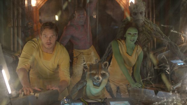 Marvel's Guardians Of The Galaxy, (from left) Peter Quill (Chris Pratt), Drax (Dave Bautista), Rocket (voiced by Bradley Cooper), Gamora (Zoe Saldana) and Groot (voiced by Vin Diesel). 