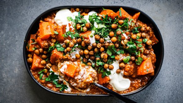 Sweet potato and lentil curry topped with crispy chickpeas and yoghurt.