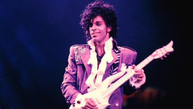 Prince on stage during his 1984 Purple Rain tour.