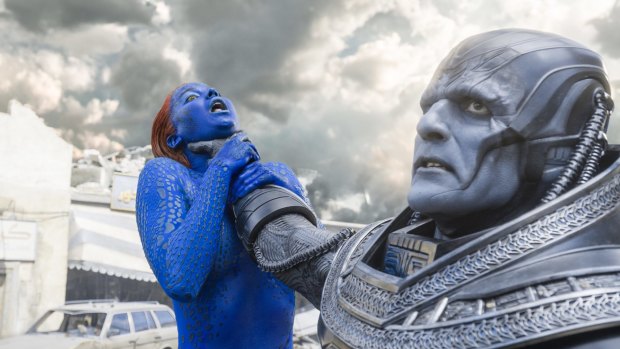 Jennifer Lawrence, left, as Mystique and Oscar Isaac as Apocalypse in <i>X-Men : Apocalypse</I> 