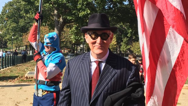Trump campaign strategist Roger Stone, who sometimes dresses up in eccentric outfits, with "Captain America".