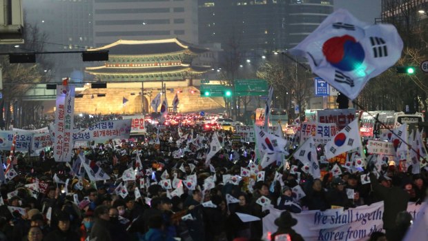 Crowds pack central Seoul on Saturday.