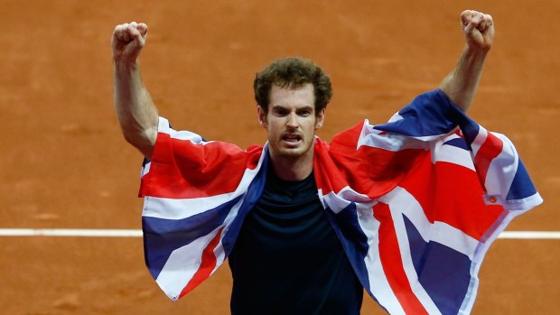Andy Murray celebrates winning his singles match against Belgian David Goffin to claim the Davis Cup for Britain.
