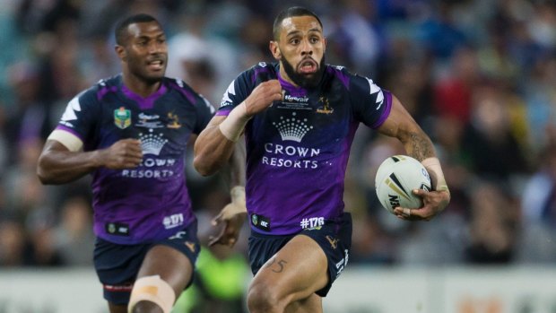 Breakneck speed: Joshua Addo-Carr sprints away to score for the Storm.