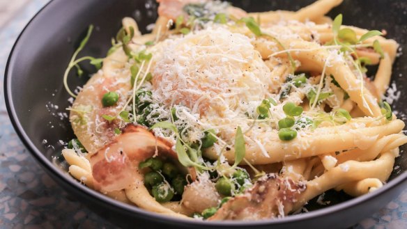 Carbonara-like breakfast pasta at Small Axe Kitchen in Brunswick.