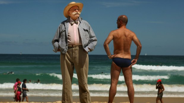 Peter Travis, left, designed the Speedo bathing suit modelled by his nephew Jamie Travis on Bondi Beach.