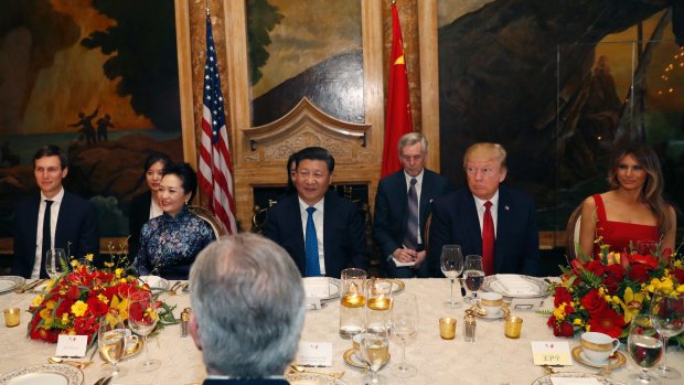 US President Donald Trump and Chinese President Xi Jinping at dinner at Mar-a-Lago earlier this month.