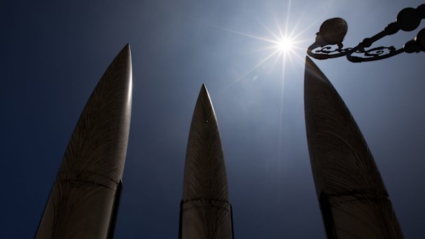 Mock MIM-23 Hawk surface-to-air missiles stand on display at the War Memorial of Korea museum in Seoul, South Korea.