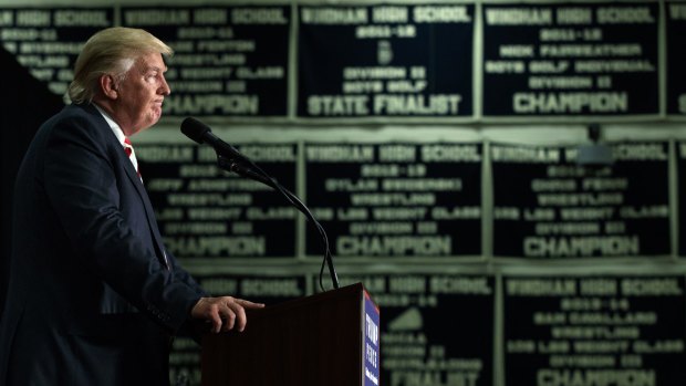 Donald Trump speaks during a campaign rally at Windham High School, New Hampshire.