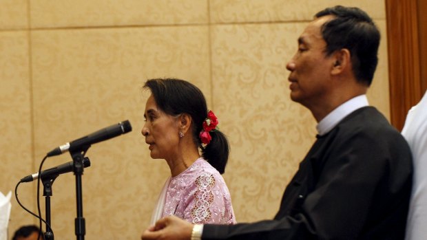 Myanmar pro-democracy leader Aung San Suu Kyi with Shwe Mann in March 2014. He had hoped that she would back him for the presidency.
