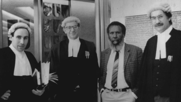 Solicitor Greg McIntyre, barrister Ron Castan, Eddie Mabo and barrister Bryan Keon-Cohen at the High Court of Australia 1991.