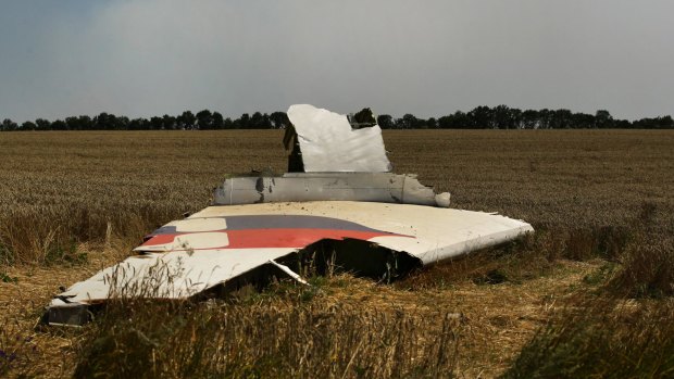A portion of the MH17 wing lies in the field as smoke rises behind the tree-line. Russians no longer know what to think.