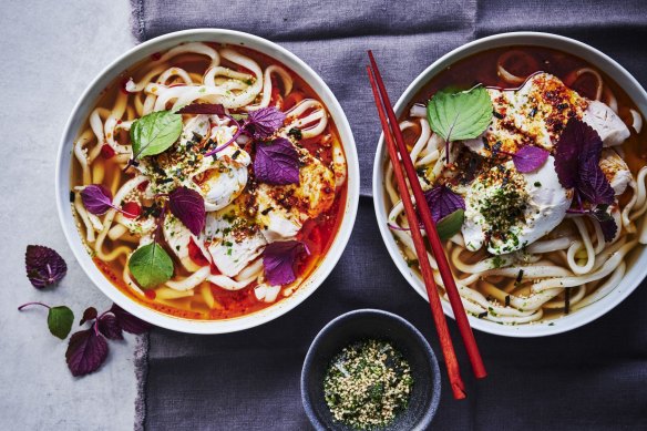 Chicken and miso soup with chilli poached eggs.  