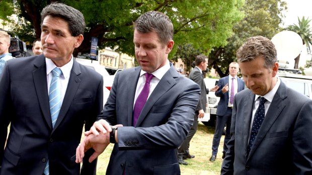 NSW Member for Parramatta Geoff Lee, Minister for Transport Andrew Constance and NSW Premier Mike Baird during the announcement of the proposal for Parramatta's light rail in December.