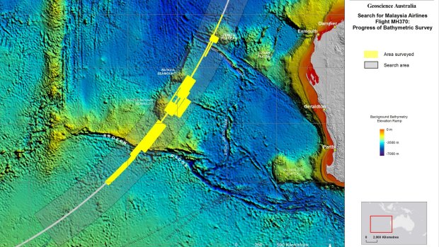 A map of the latest MH370 search area shows the areas already scanned in yellow and the total search area in grey shade. The dark blue areas of the map indicate a depth of up to 7000 metres, while the lighter blue is up to 3500 metres deep and the green and yellow are more shallow waters.

