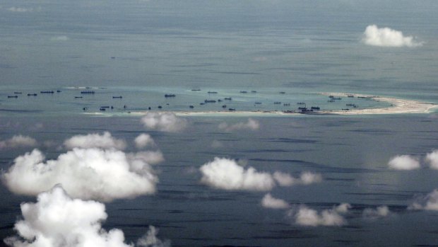 Land reclamation of Mischief Reef in the Spratly Islands in the South China Sea.