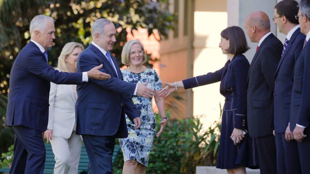 Israeli PM Benjamin Netanyahu and his wife Sara are introduced to NSW Premier Gladys Berejiklian by Malcolm Turnbull at Admiralty House.
