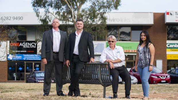 Phillip Business Community members Ian Whiteford and Dan Holliday, president Robert Issell and secretary Serena Singh, who want to see communal areas made more attractive for customers and workers.