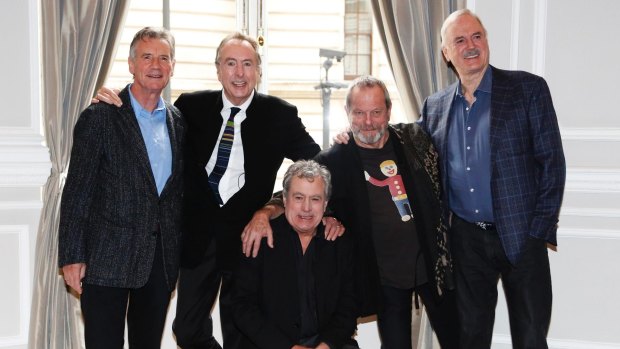 Members of the original cast of the Monty Python comedy team (L-R) Michael Palin, Eric Idle, Terry Jones, Terry Gilliam and John Cleese.