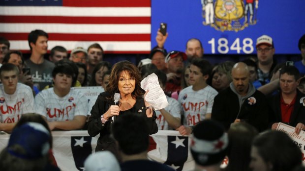 Former Alaska governor Sarah Palin in Wisconsin campaigning for Donald Trump.
