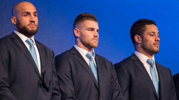 Blues brothers: Josh Dugan, Blake Ferguson and Jarryd Hayne during the NSW team announcement at The Star.