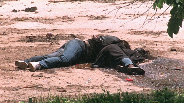 The siege of Sarajevo: the bodies of Bosko Brkic, a Serb, and his Muslim girlfriend Admira Ismic, lie in "no-man's land" after they were killed by a sniper trying to slip out of Sarajevo at the height of the siege in 1993.