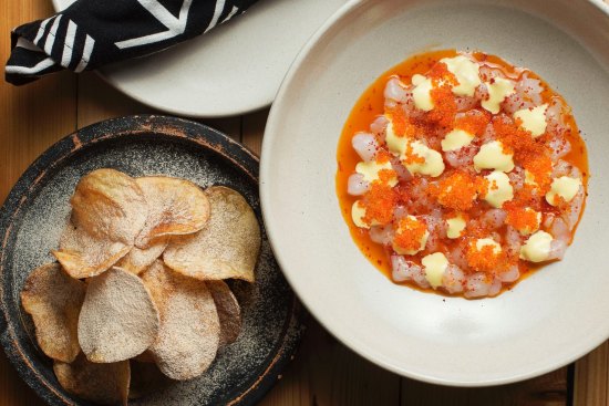 Chips 'n' dips: Scampi and prawn tartare with salt and vinegar crisps.