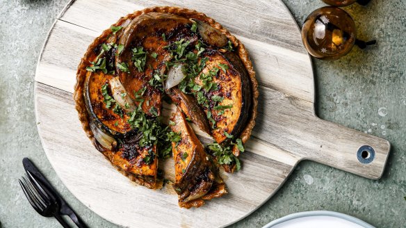 Pumpkin, feta and shallot tart.