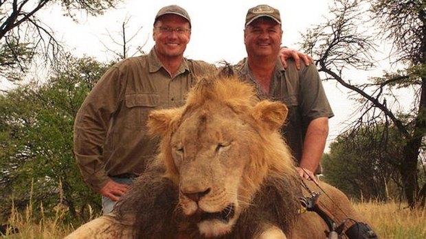 Walter Palmer, left,  poses with the corpse of Cecil the lion. Cecil's death reignited the debate over trophy hunting and conservation in Zimbabwe.