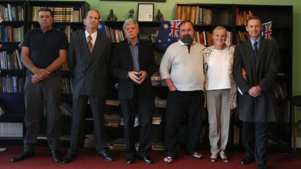 Australia First: from left, Tony Pettitt, Rob Fraser, Jim Saleam, Alex Norwick, Marleen Rapp and  Australia First's organiser in south-west Sydney, who would not be named. 