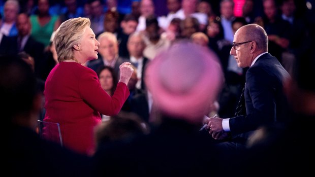 Hillary Clinton speaks with <i>Today</i> show co-anchor Matt Lauer at the NBC commander-in-chief forum held aboard the decommissioned aircraft carrier Intrepid.