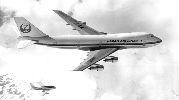 Japan Air Lines test flies a Boeing 747 in May 1970. It's accompanied by a Sabre chase plane.